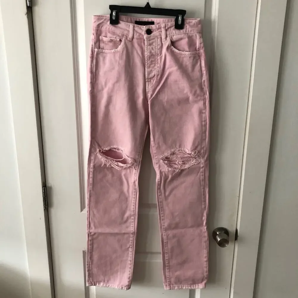 3x1 NYC size 24 Women's distressed straight leg jeans Mineral Rose Pink $367